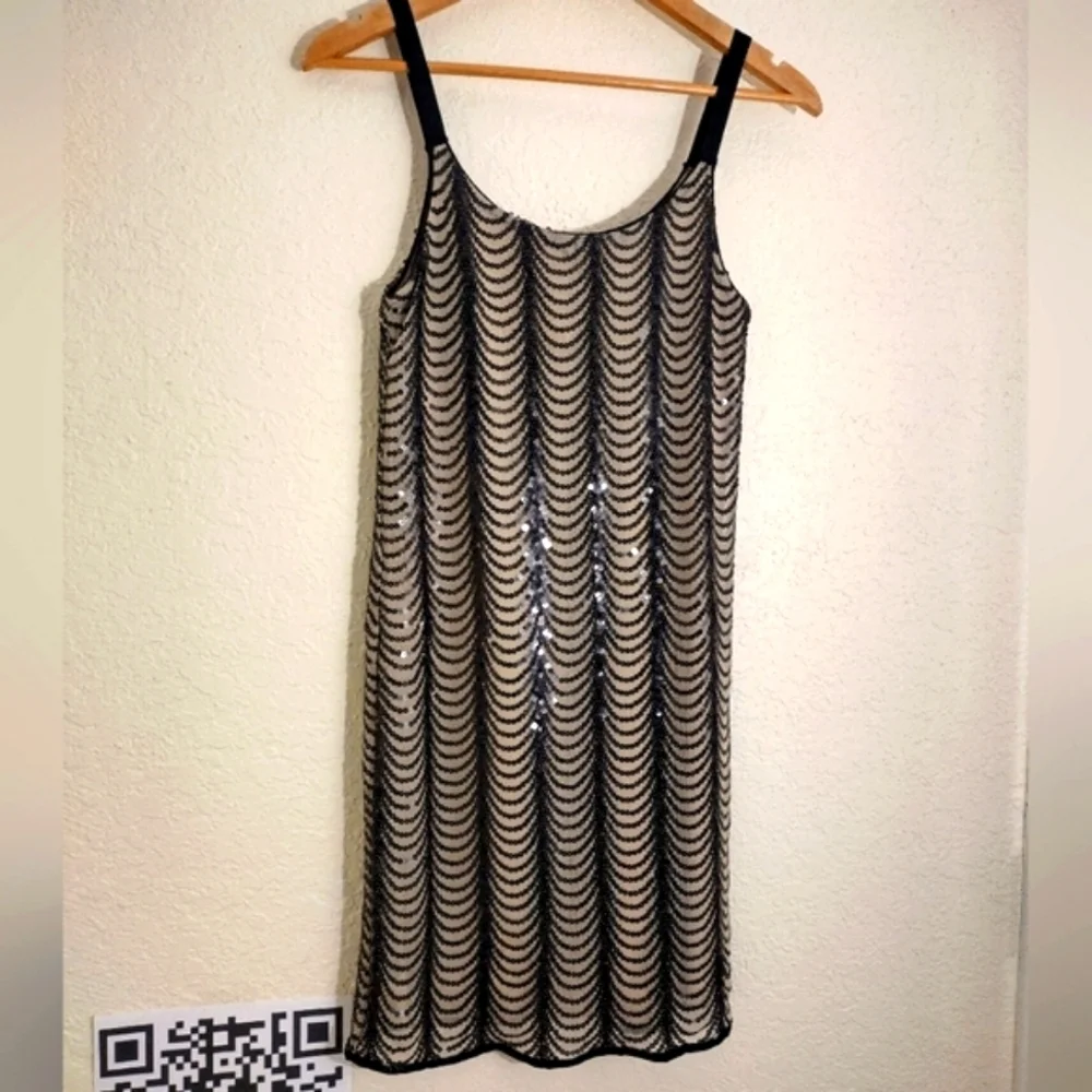 Aqua Sleeveless Nude And Black Sequined Dress - Picture 3 of 8
